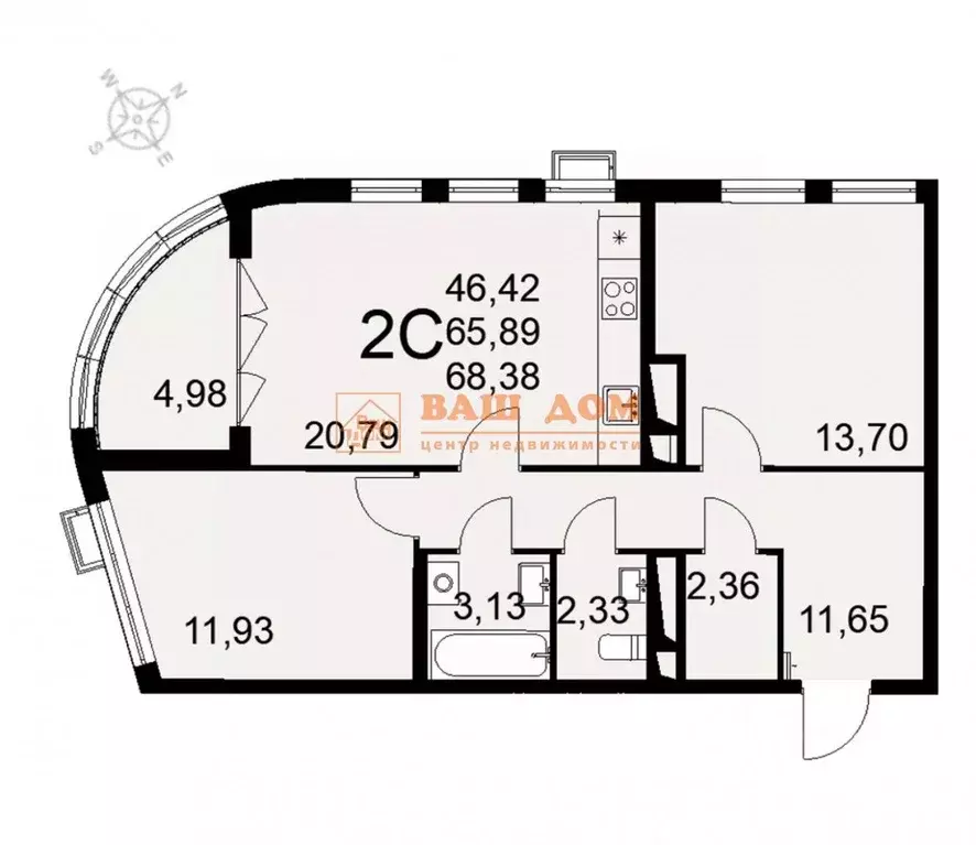 2-к кв. Тульская область, Тула ул. Коминтерна, 44 (68.38 м) - Фото 2