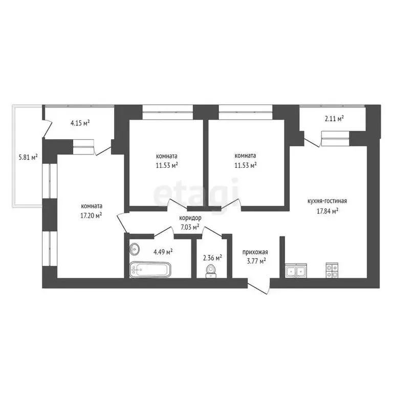 3-комнатная квартира: Тюмень, улица Ильи Кургузова, 4 (87.83 м) - Фото 0