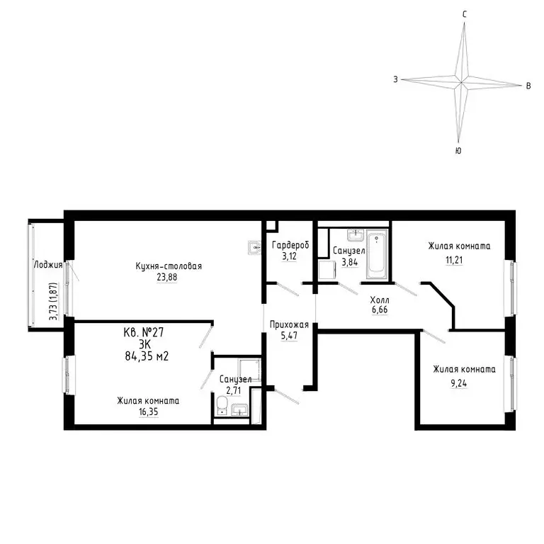 3-комнатная квартира: Новый, ЖК ДНС Сити (84.35 м) - Фото 0