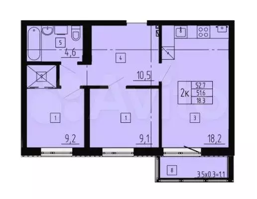 2-к. квартира, 52,7 м, 1/9 эт. - Фото 1