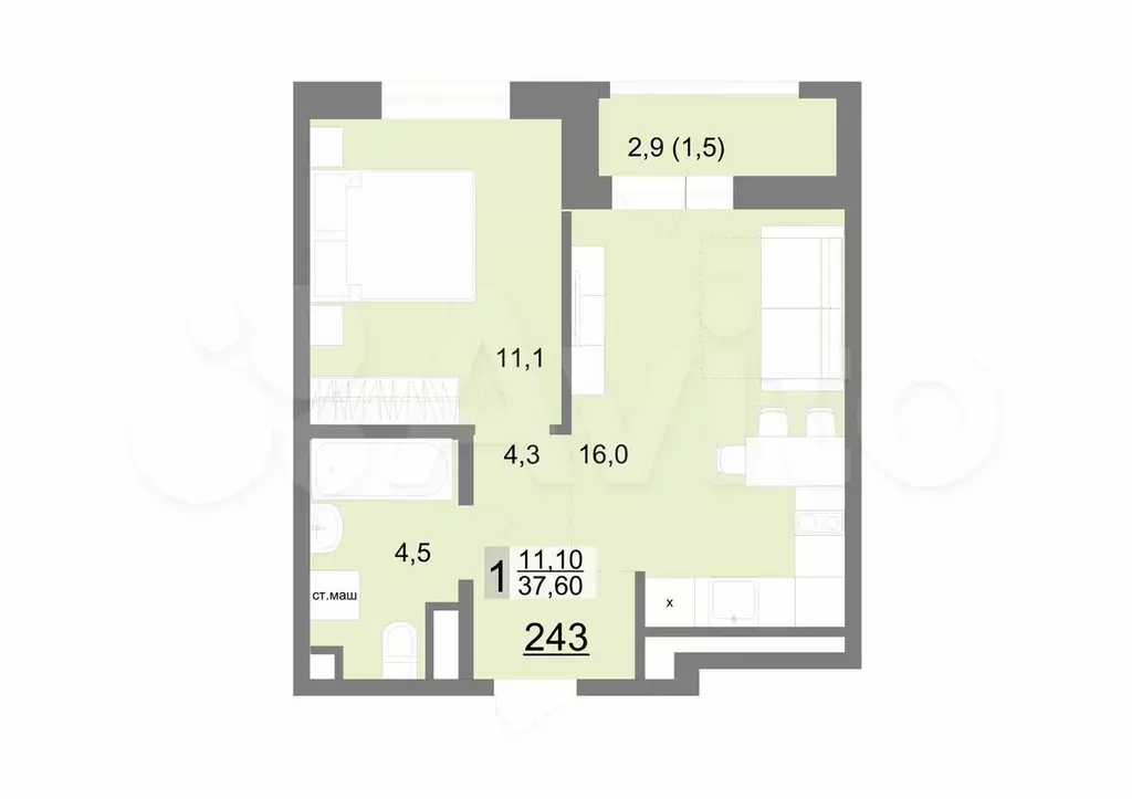 1-к. квартира, 37,6 м, 26/26 эт. - Фото 1