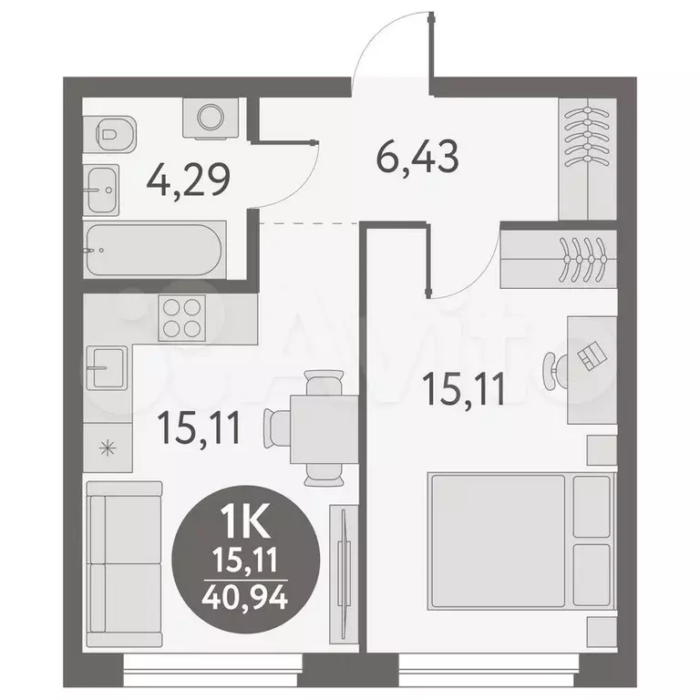 1-к. квартира, 41 м, 4/17 эт. - Фото 1