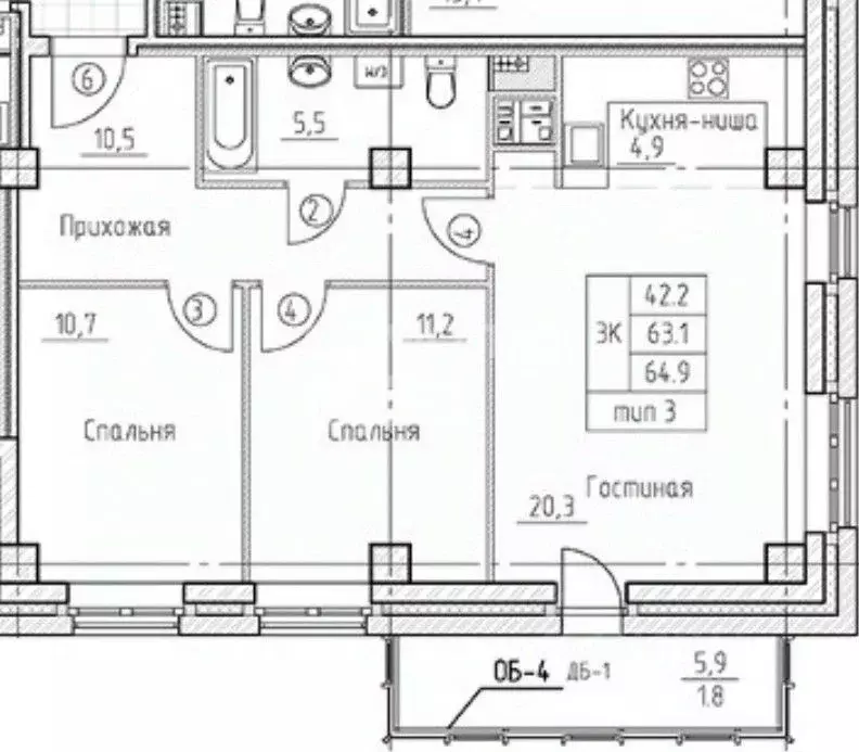 3-к кв. Красноярский край, Красноярск Норильская ул., 20 (65.0 м) - Фото 1