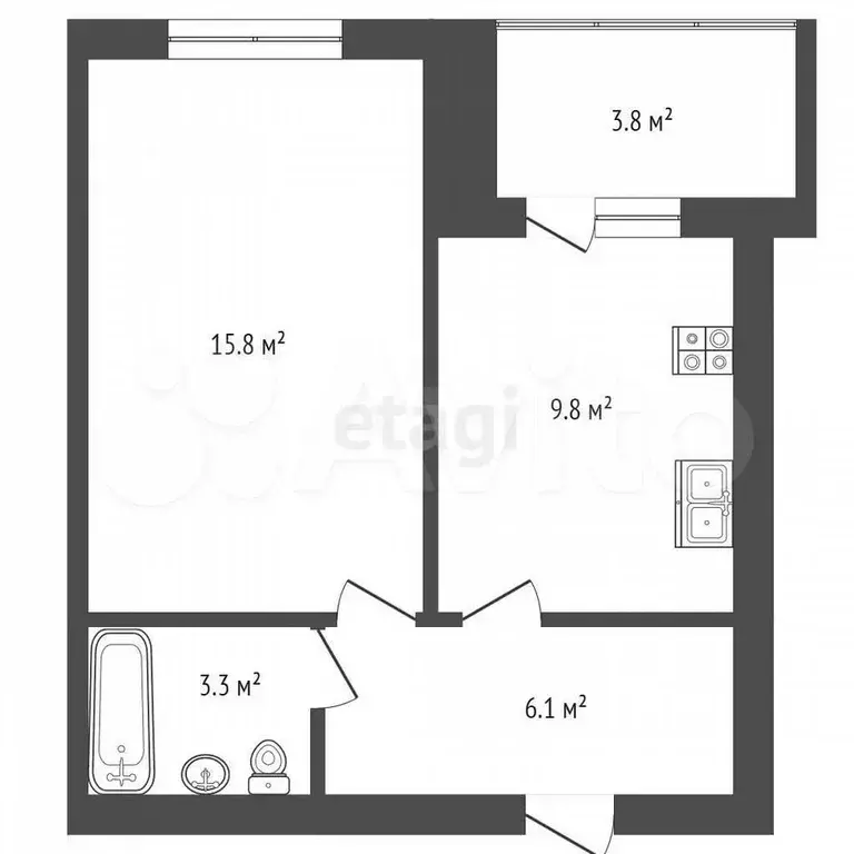 1-к. квартира, 38,8 м, 7/9 эт. - Фото 0