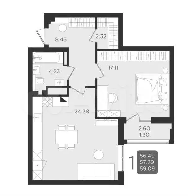 1-к. квартира, 59,1 м, 9/9 эт. - Фото 1