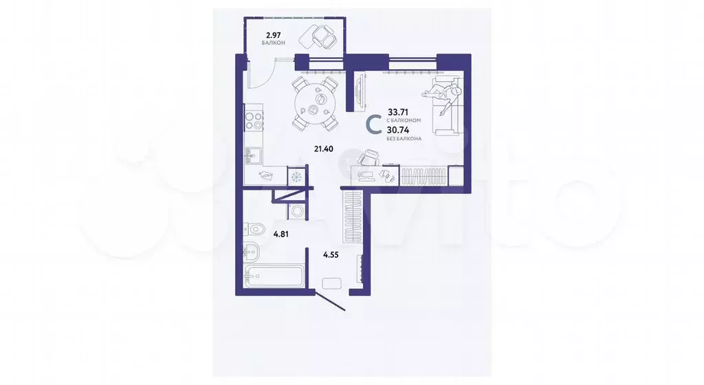 Квартира-студия, 33,7 м, 4/16 эт. - Фото 1