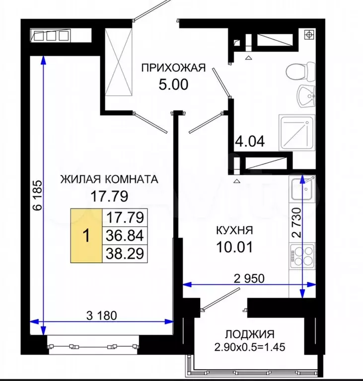 1-к. квартира, 38,3 м, 7/25 эт. - Фото 1