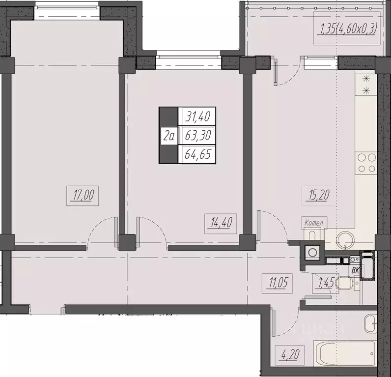 2-к кв. Ставропольский край, Пятигорск ул. Егоршина, 7к1 (64.65 м) - Фото 1