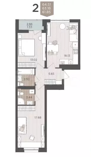 2-к. квартира, 63,2 м, 8/9 эт. - Фото 1