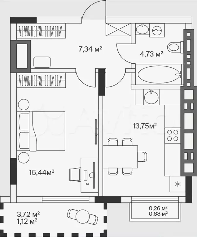 1-к. квартира, 42,6 м, 7/7 эт. - Фото 1