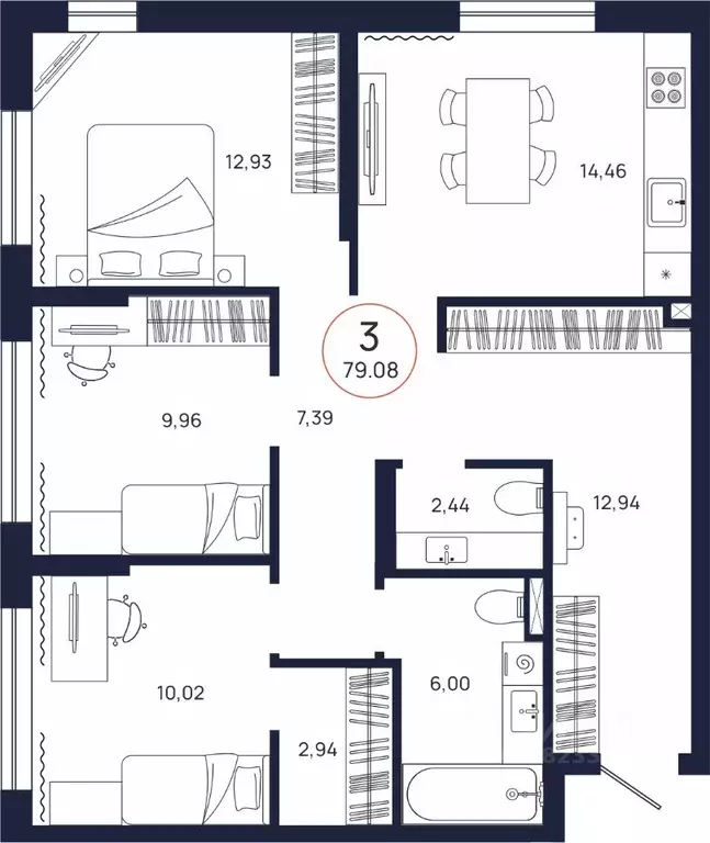 3-к кв. Тюменская область, Тюмень ул. Владислава Крапивина, 9 (79.08 ... - Фото 1