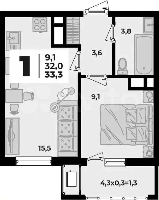 1-к. квартира, 33,3 м, 5/8 эт. - Фото 0