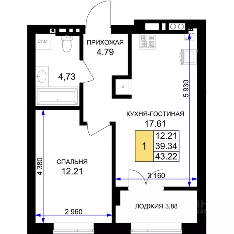 1-к кв. Калининградская область, Гурьевск Включи жилой комплекс (43.22 ... - Фото 0