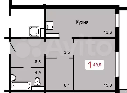 1-к. квартира, 49,9м, 1/17эт. - Фото 0