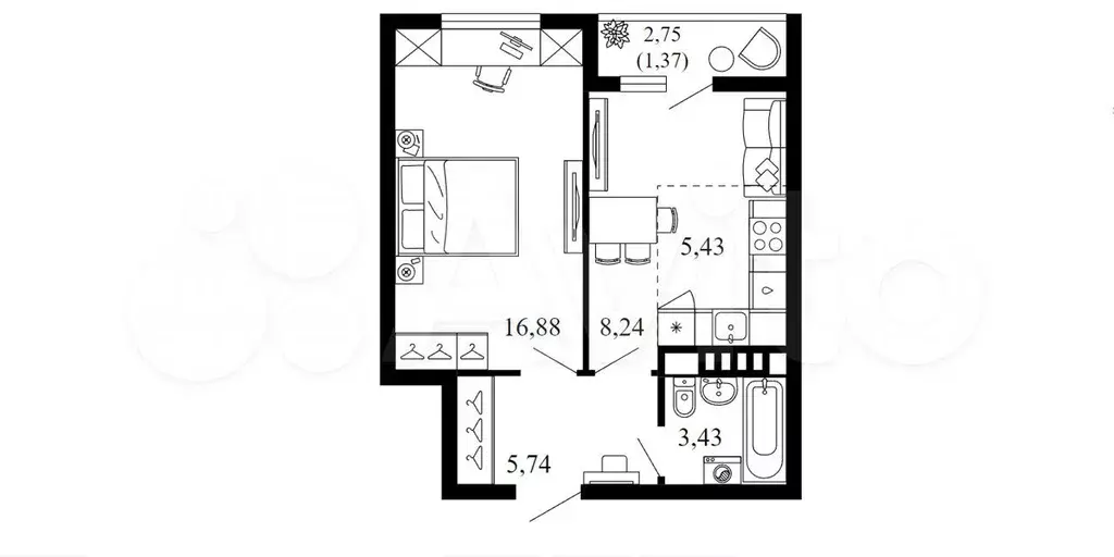 1-к. квартира, 41 м, 5/10 эт. - Фото 1