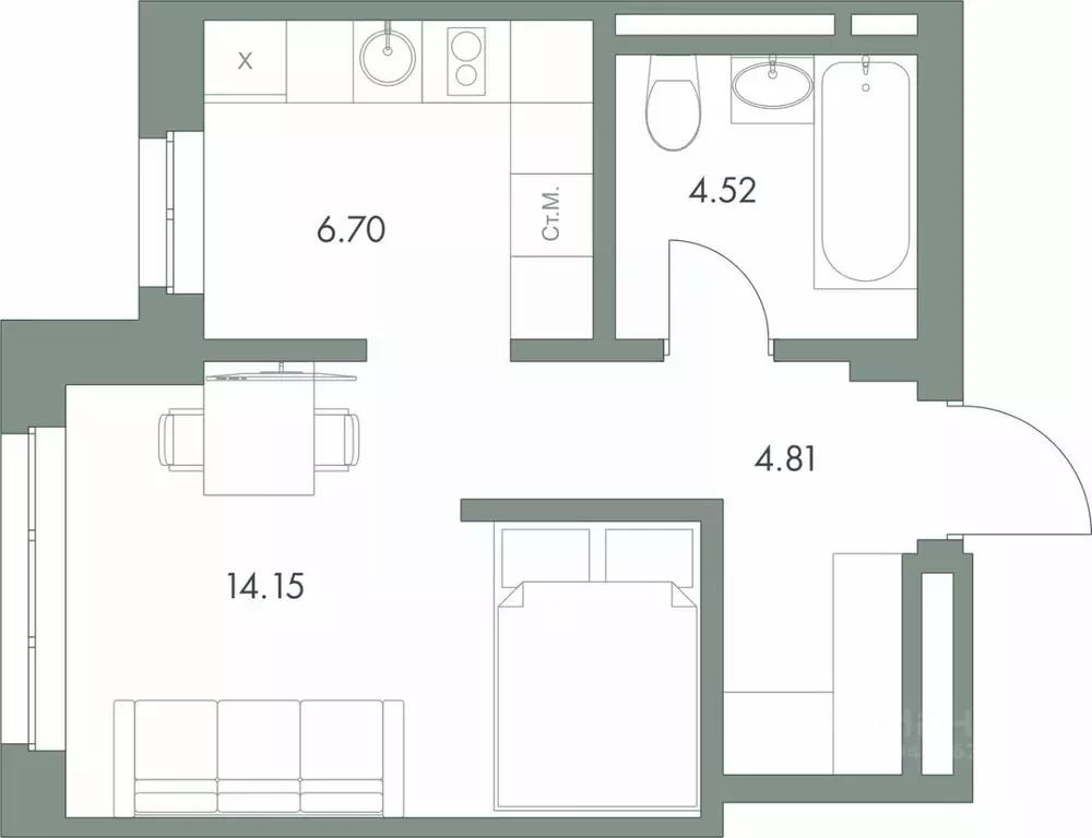 Студия Ханты-Мансийский АО, Сургут ул. Семена Билецкого, 15 (30.18 м) - Фото 1