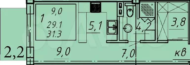 1-к. квартира, 31,3 м, 1/8 эт. - Фото 1
