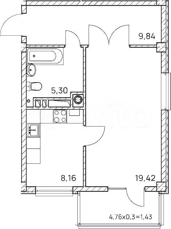 1-к. квартира, 44,1м, 8/9эт. - Фото 1