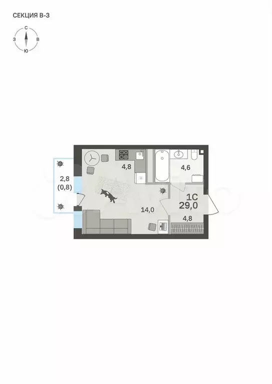 Квартира-студия, 29 м, 4/6 эт. - Фото 0