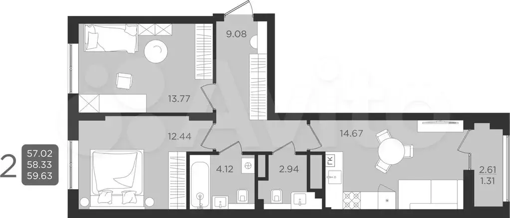 2-к. квартира, 59,6 м, 8/9 эт. - Фото 1