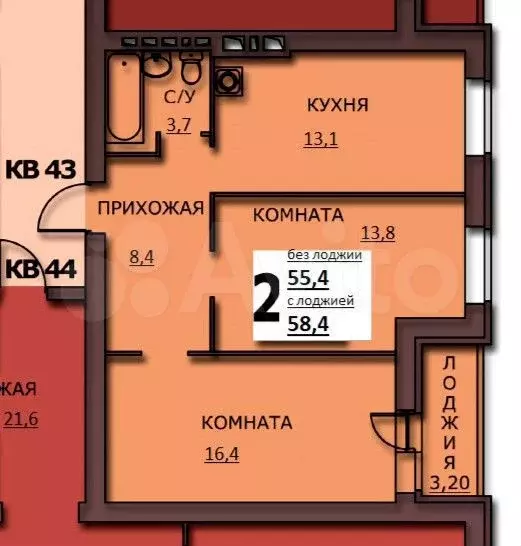 2-к. квартира, 56,6 м, 7/10 эт. - Фото 0