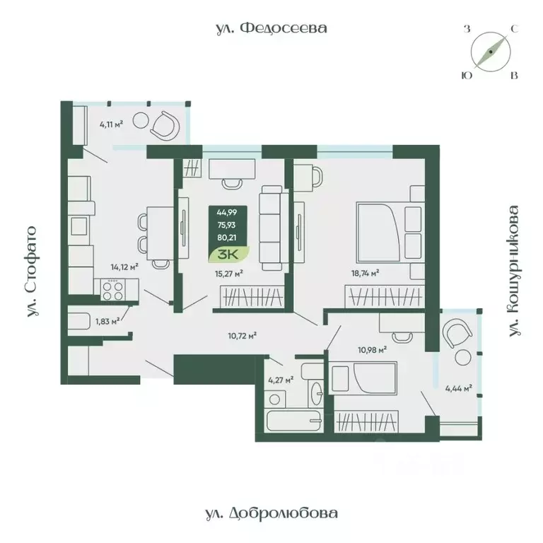 3-к кв. Новосибирская область, Новосибирск  (80.21 м) - Фото 0