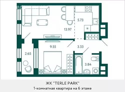 1-комнатная квартира: Уфа, жилой комплекс Терле Парк (37.74 м) - Фото 0