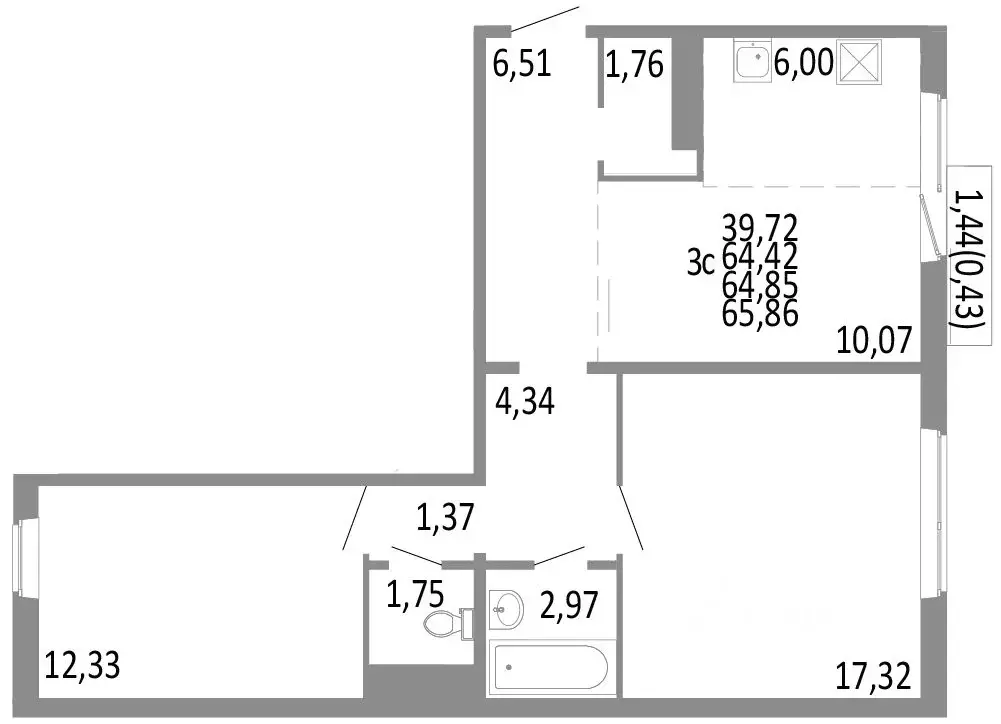 3-к кв. Челябинская область, Челябинск ул. Блюхера, 125Б (64.85 м) - Фото 0