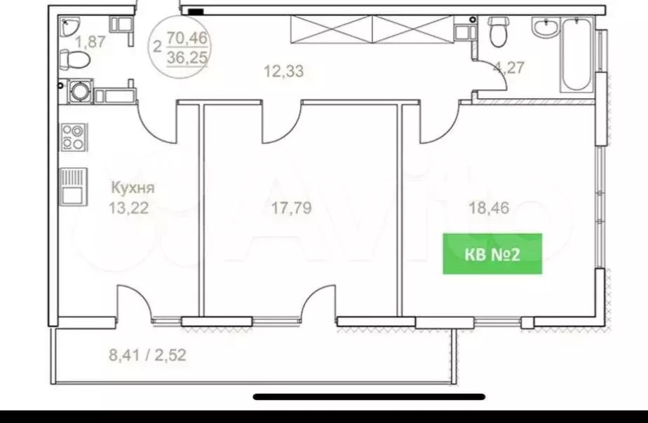 2-к. квартира, 70,5 м, 2/7 эт. - Фото 0