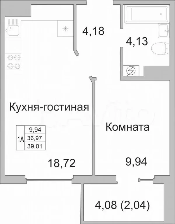 1-к. квартира, 39м, 6/9эт. - Фото 0