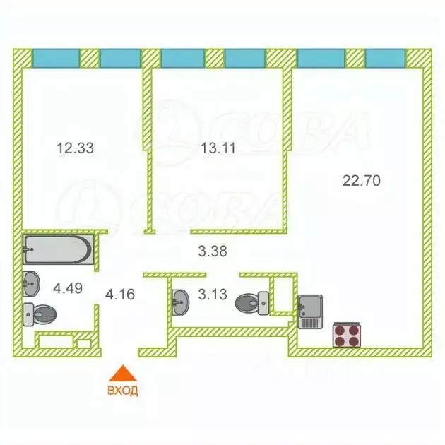 2-к кв. Тюменская область, Тюмень ул. Новоселов, 105 (63.0 м) - Фото 1