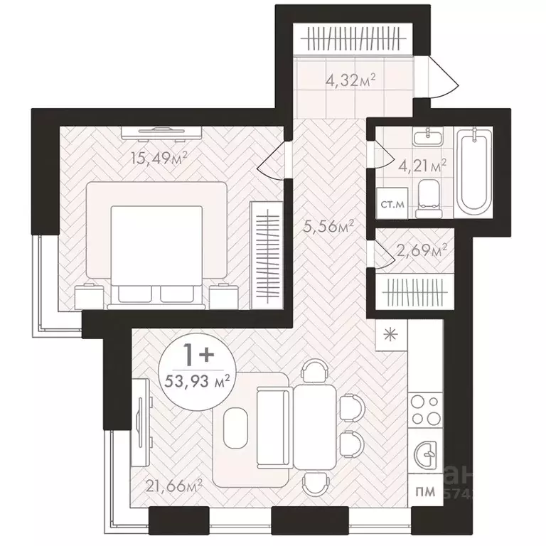 1-к кв. Башкортостан, Уфа Южный-2 мкр,  (53.93 м) - Фото 1