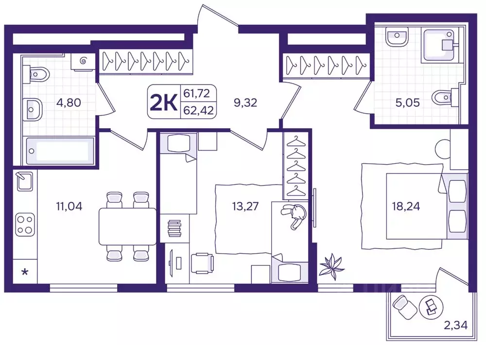 2-к кв. Приморский край, Владивосток ул. Борисенко (62.42 м) - Фото 1