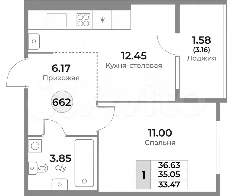 1-к. квартира, 36,6 м, 9/10 эт. - Фото 1