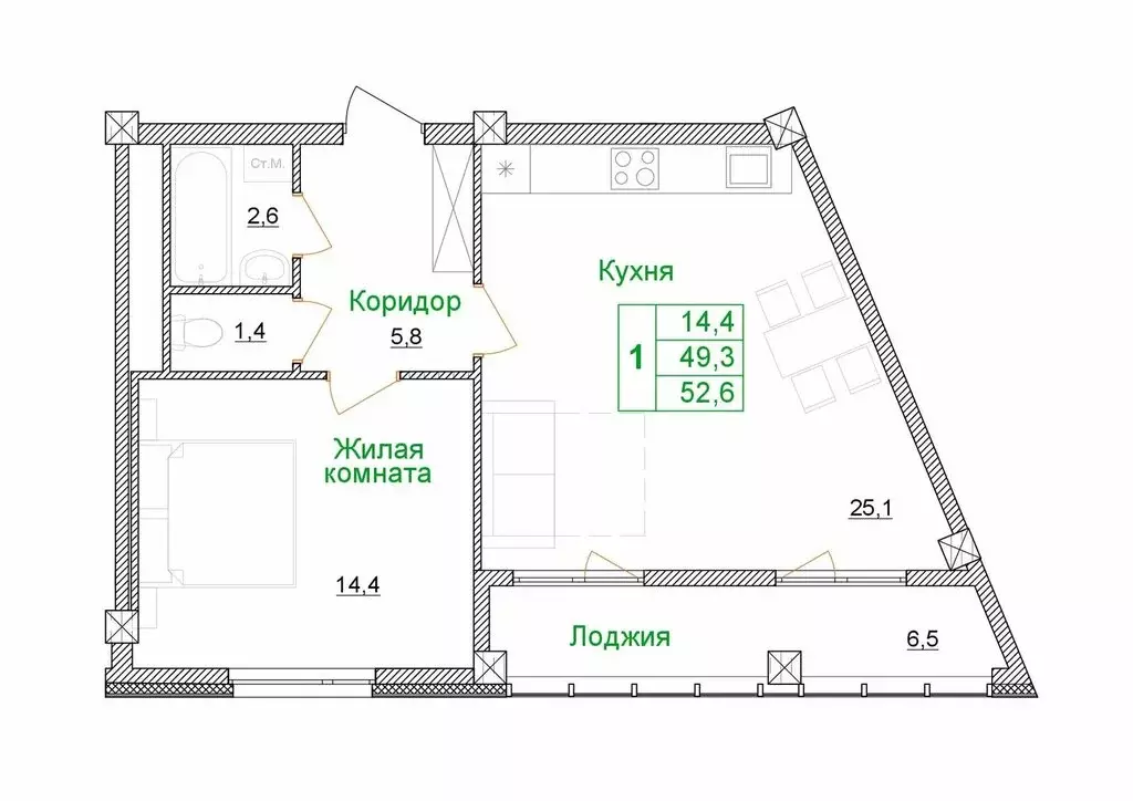 1-комнатная квартира: Старый Оскол, микрорайон Космос, 11 (52.6 м) - Фото 0