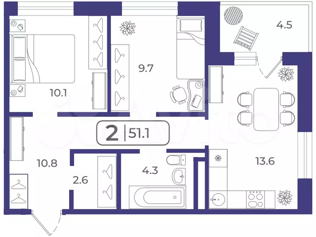 2-к. квартира, 55,1 м, 13/22 эт. - Фото 1