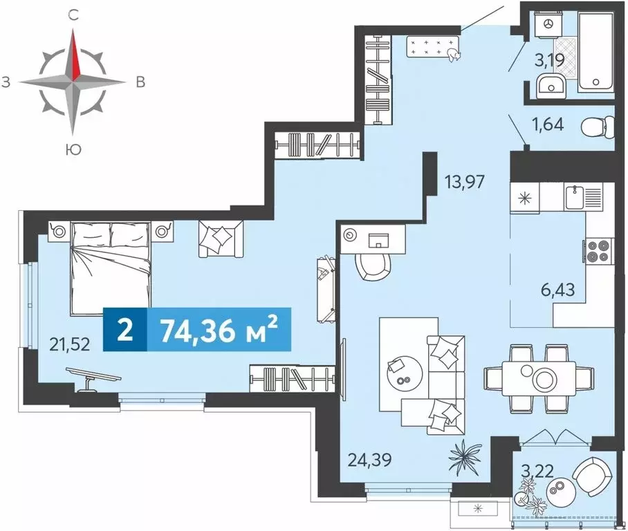 2-комнатная квартира: Засечное, Прибрежный бульвар, 5 (74.36 м) - Фото 1