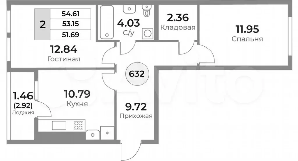 2-к. квартира, 54,6 м, 2/10 эт. - Фото 1