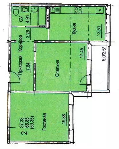 2-к. квартира, 69 м, 7/7 эт. - Фото 0