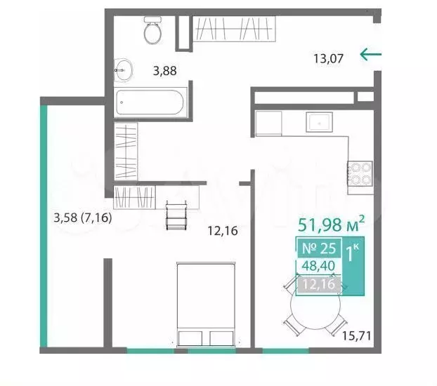 1-к. квартира, 48,4м, 4/7эт. - Фото 1