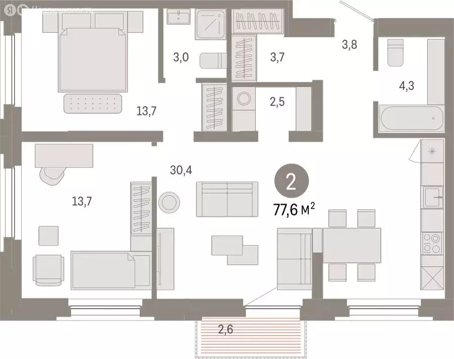 2-комнатная квартира: Тюмень, Мысовская улица, 26к2 (77.6 м) - Фото 1