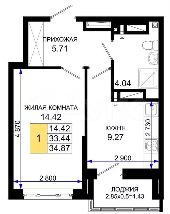 1-к. квартира, 34,9м, 2/25эт. - Фото 1