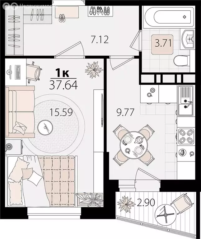 1-комнатная квартира: Яблоновский, Луговая улица, 7/6 (37.15 м) - Фото 0