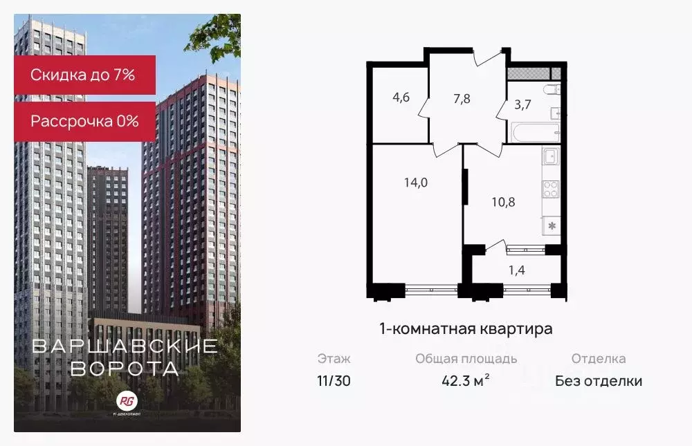 1-к кв. Москва Варшавские Ворота жилой комплекс, 1.6 (42.3 м) - Фото 0