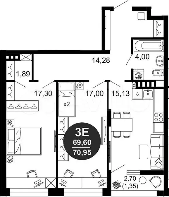 2-к. квартира, 71 м, 3/10 эт. - Фото 1