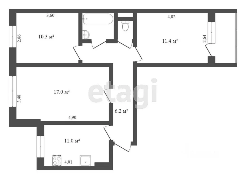 3-к кв. Омская область, Омск ул. Рокоссовского, 28 (63.1 м) - Фото 2