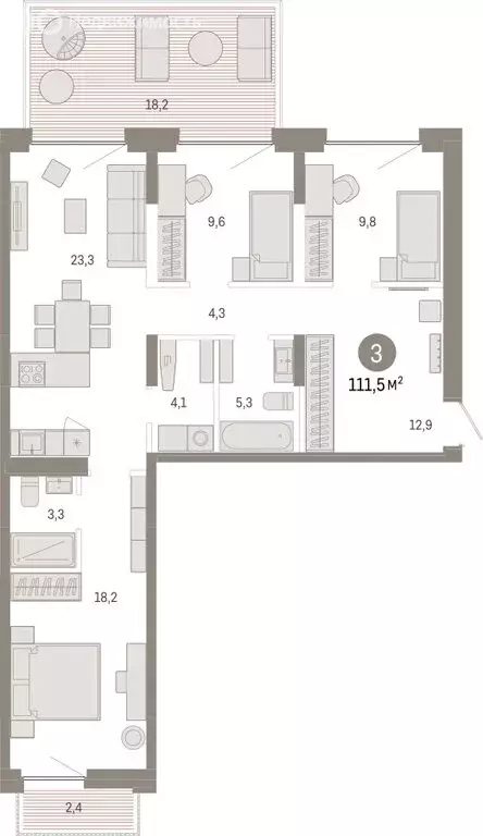 3-комнатная квартира: Тюмень, Мысовская улица, 26к2 (111.47 м) - Фото 1