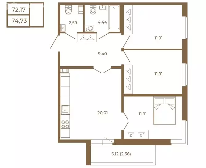 3-комнатная квартира: Сертолово, ЖК Новая История (74.73 м) - Фото 1