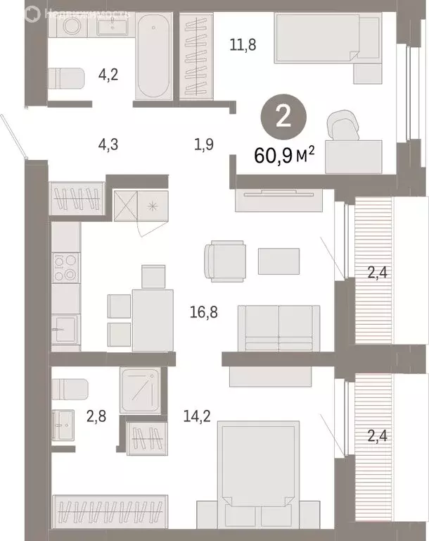 1-комнатная квартира: Тюмень, Мысовская улица, 26к2 (60.86 м) - Фото 1