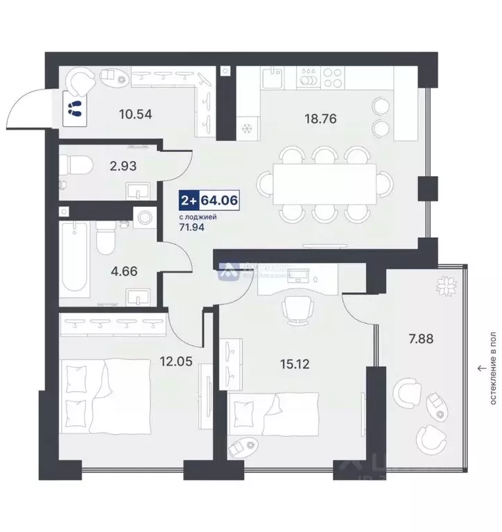 2-к кв. Тюменская область, Тюмень ДОК мкр, ул. Рылеева, 31 (64.06 м) - Фото 1